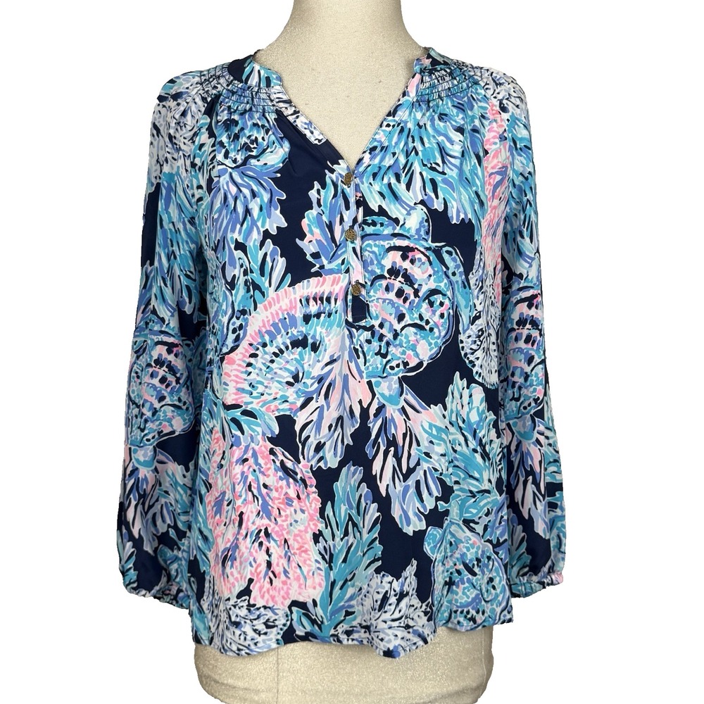 Lilly Pulitzer Elsa Top Blouse XS High Tide Navy Party‎ in Paradise Silk Beachy